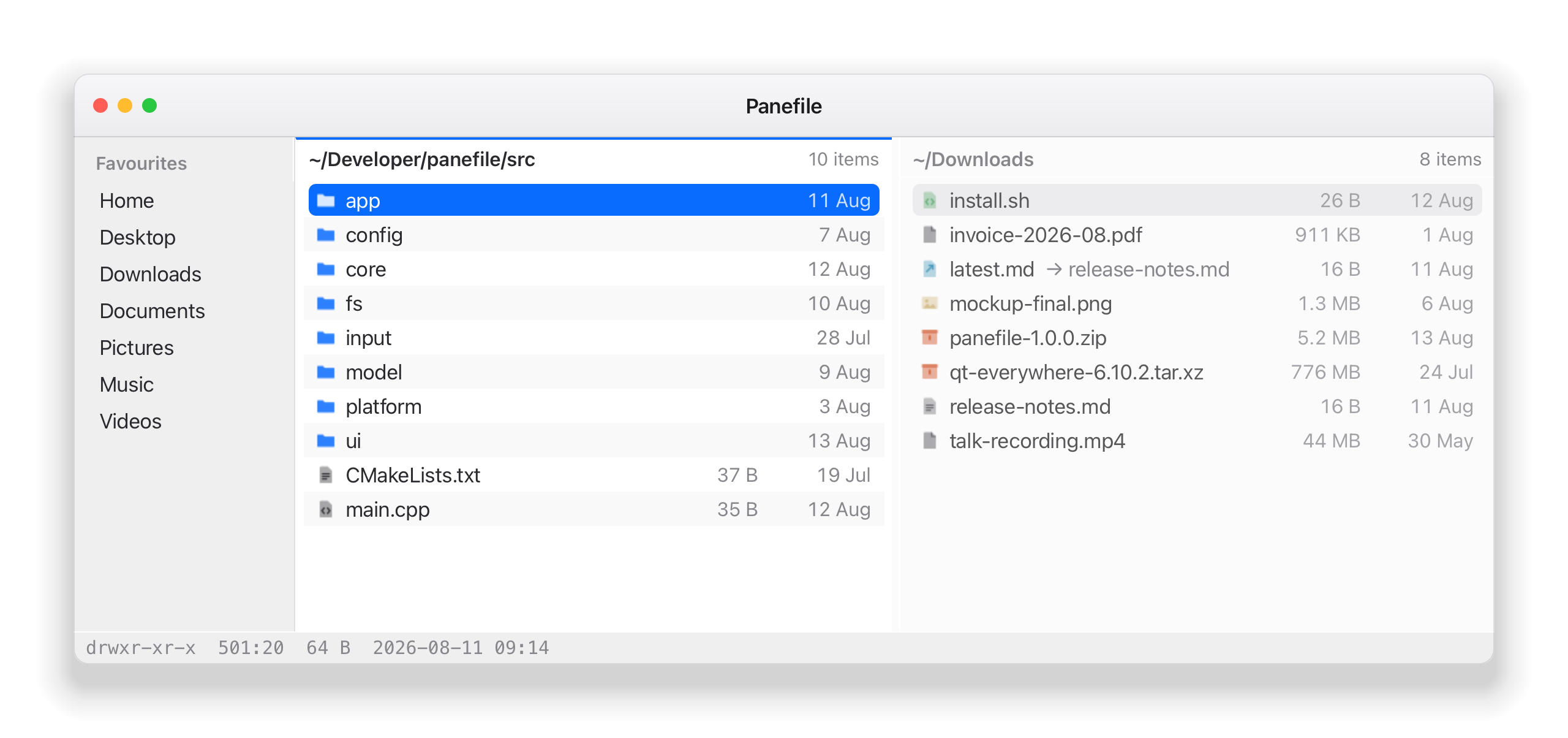 Panefile showing a sidebar and two directory panels side by side, the left one focused